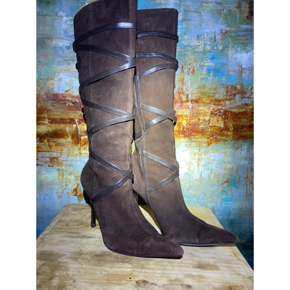 Aldo‎ Brown Suede Knee High Stiletto Boots Pointed Toe Strappy EU 38 US 7.5